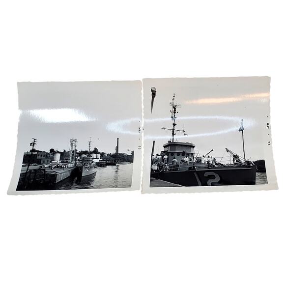 Vtg Lot of 2 Monochrome Docked Ship Photos 1955 Found Snapshot 3.5" x 3.5" - Picture 1 of 6